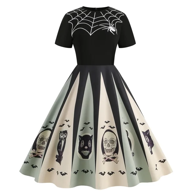 Disfraz gótico de Halloween para Mujer, traje Retro con estampado de calavera y calabaza, vestido de fiesta de Carnaval