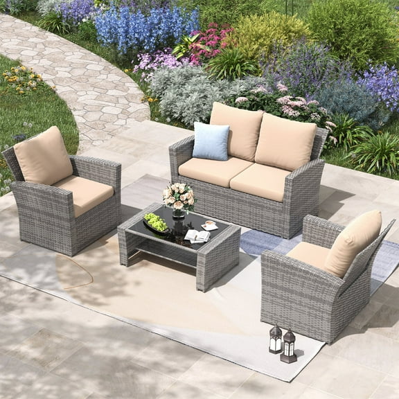 ECOPATIO Outdoor Patio Furniture Set, Outdoor Sectional Sofa, Outdoor Furniture Set Patio Couch Set Porch Balcony Furniture, 4 Piece Patio Conversation Set for Outside Furniture (Beige)