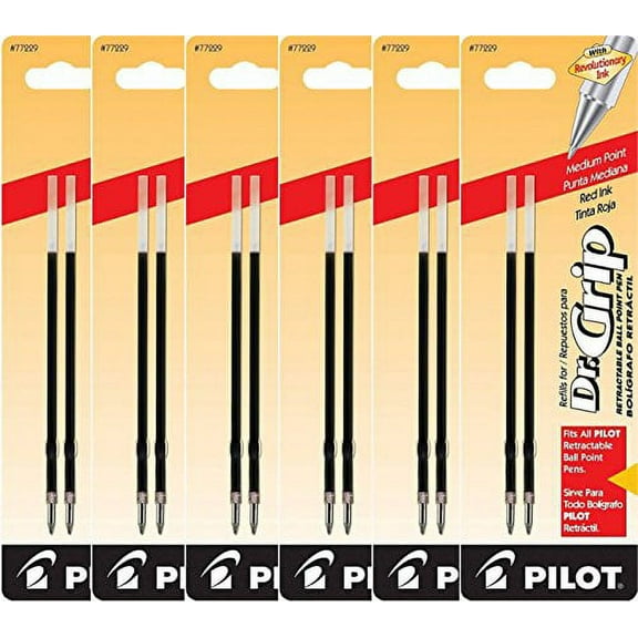 Pilot Dr. Grip Ballpoint Ink Refill, Medium Point, 1.0 mm, Red, 12 Count, 6 Pack