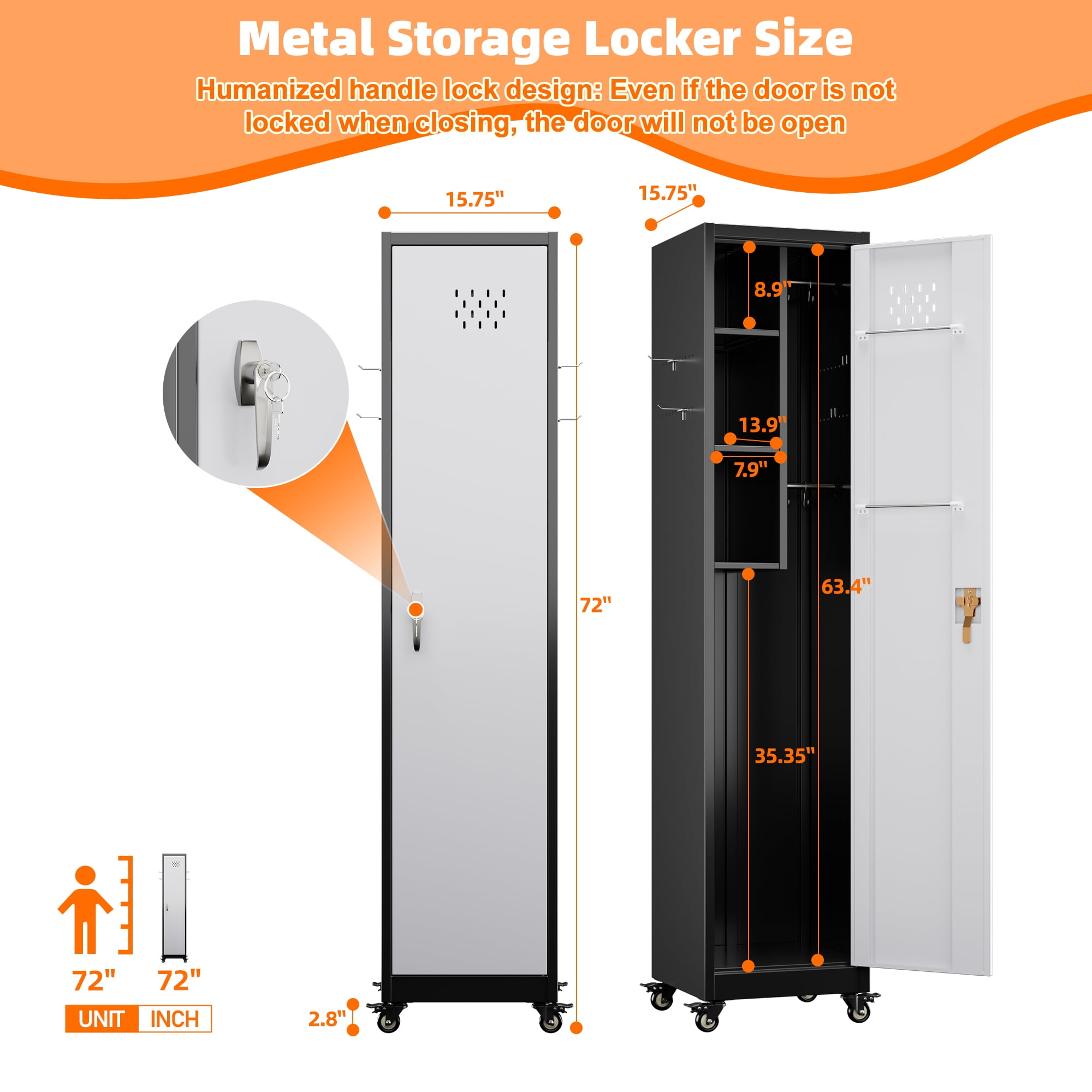 Aobabo 72''H Metal Broom Closet Storage Cabinet with Wheels, Steel Cleaning Tool Cabinet for Garage with Pegboards and Hooks,Assembly Required,Black/White
