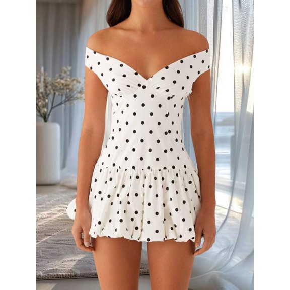 Black And White Polka Dot Off Shoulder V Neck Bubble Mini Dress A-Line Party Dress
