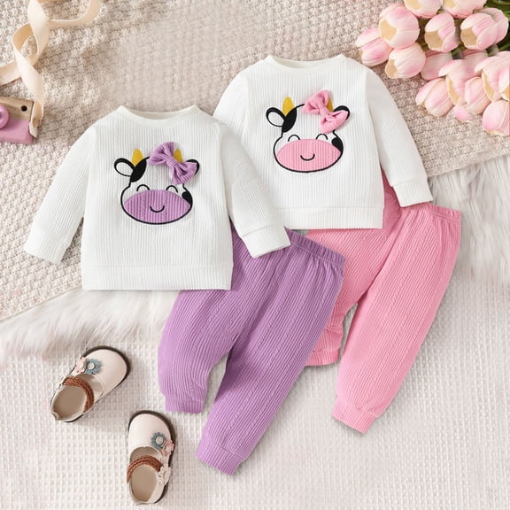 Toddler Outfits Girls Toddler Girls Sweatsuit Dairy Cow Cartoon Print Pants Outfits Jogger Baby Girl Clothes Winter Red 18 Months-24 Months