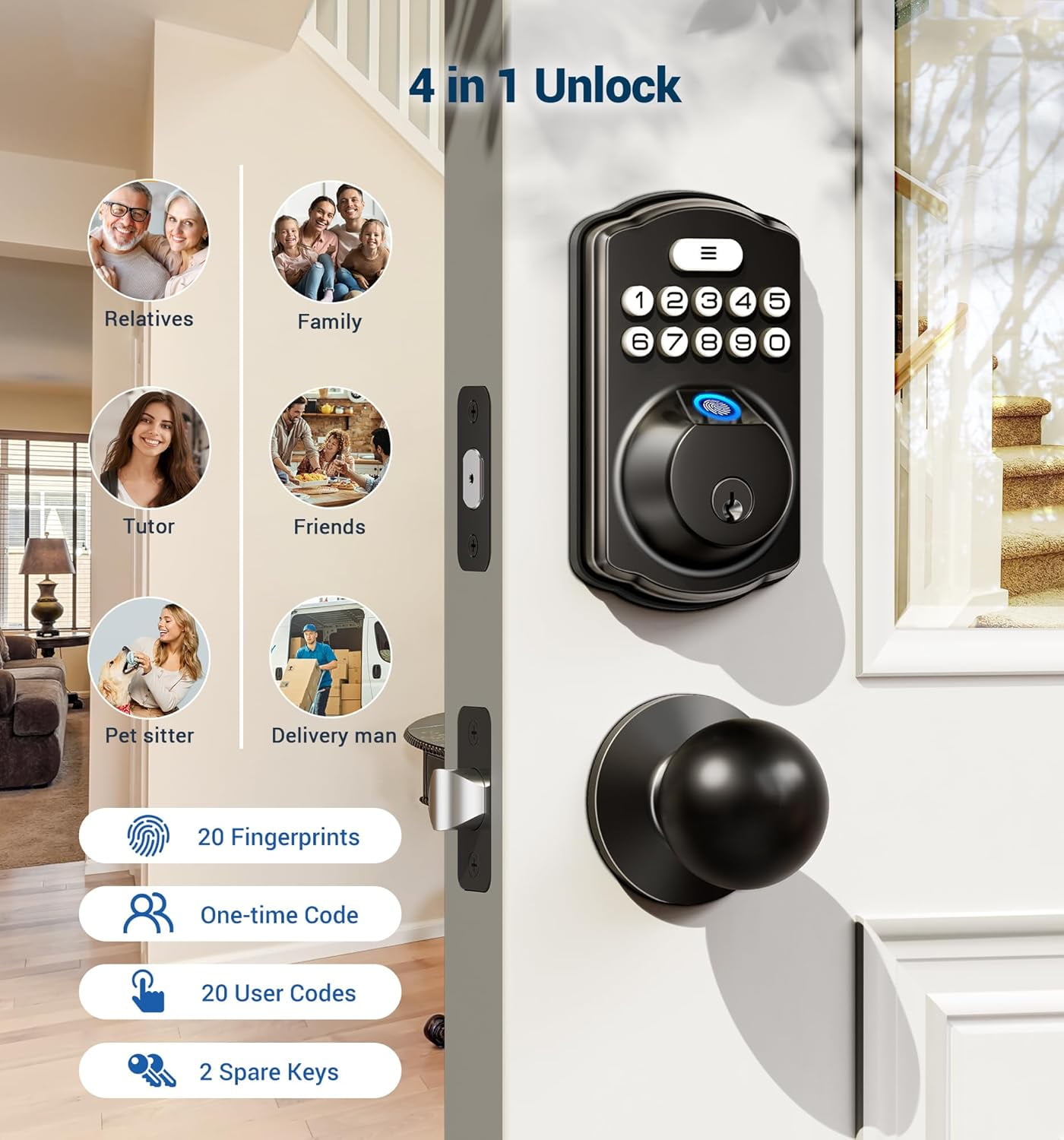 Veise Fingerprint Door Lock with 2 Knobs, Keyless Entry Door Lock with Knob, Electronic Keypad Deadbolt, Matte Black