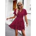 thumbnail image 5 of Womens Sexy Deep V Neck Short Sleeve Tie Waist Ruffle Hem Flowy Swing Mini Short Wrap Dress, 5 of 6