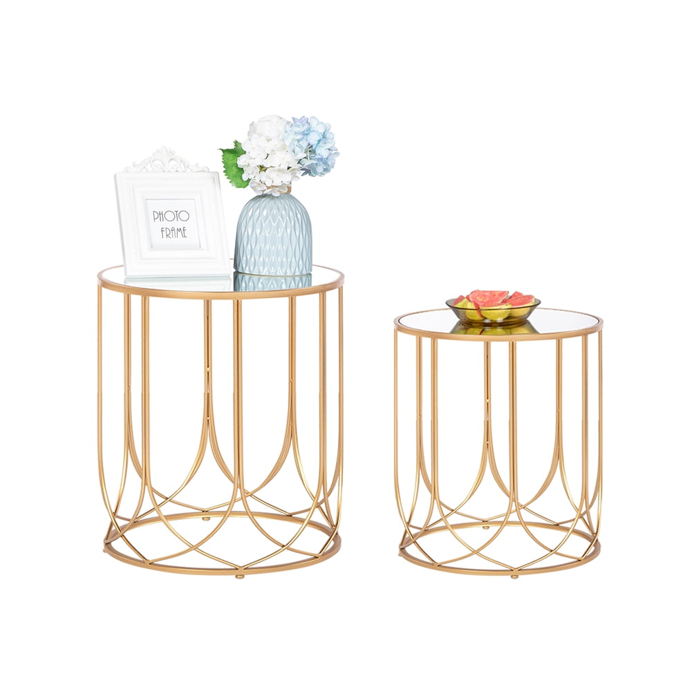 Lowestbest End Table Side Table, Glass Top Metal Frame Geo Eyelet Pattern Accent Table, For Living Room (Golden) Lowestbest End Table Side Table, Glass Top Metal Frame Geo Eyelet Pattern Accent Table, For Living Room (Golden)