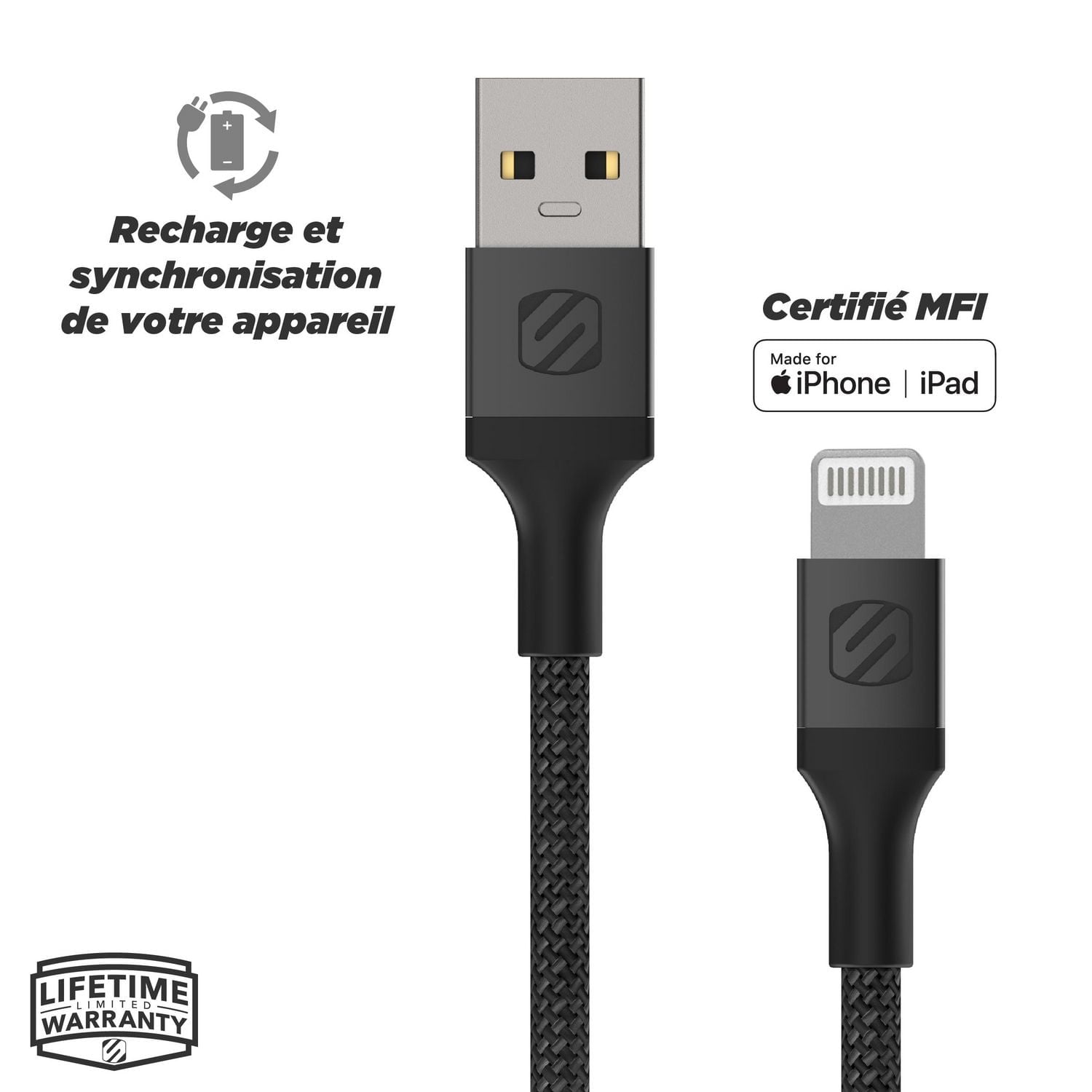 Scosche i3B4SG-SP Strikeline Premium MFi Certified Lightning Charge & Sync Braided Cable for ALL Lightning Devices 4-ft.