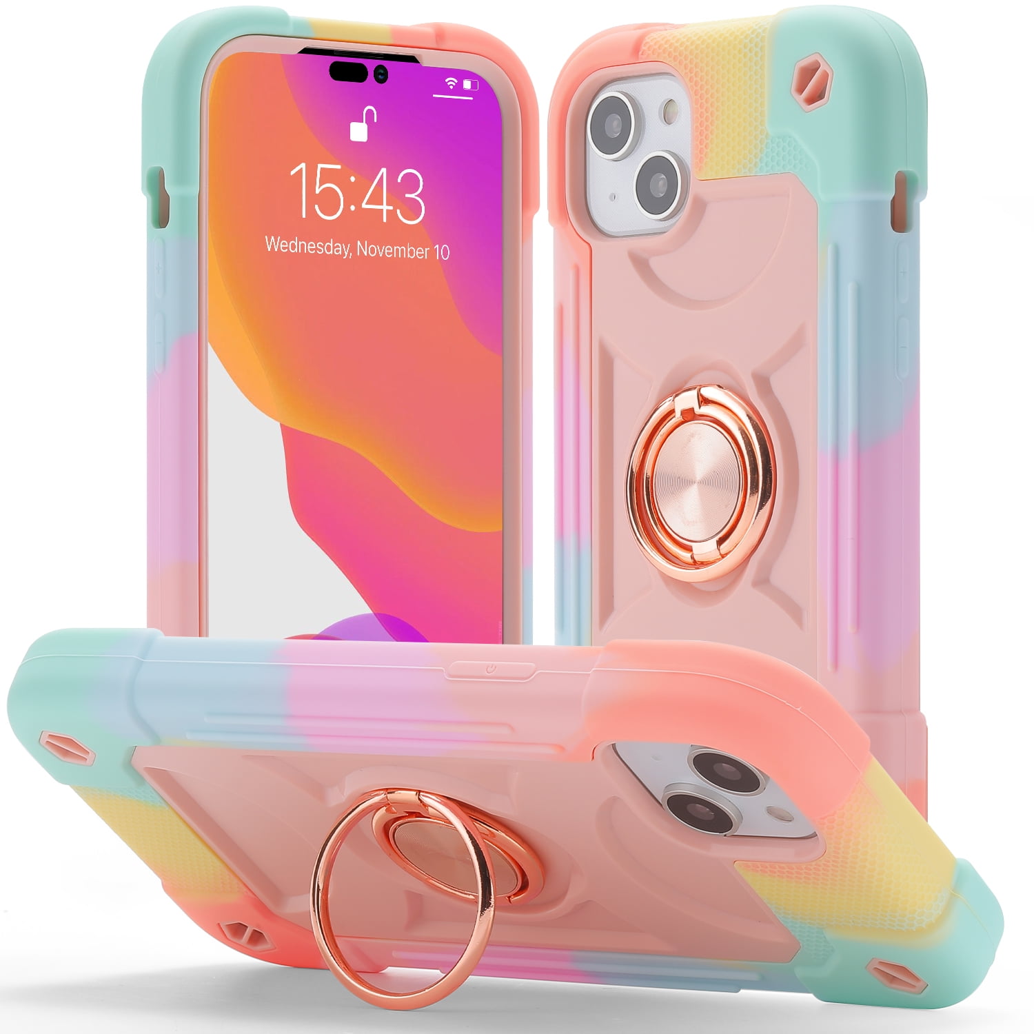 for iPhone 14 Case with Ring Stand, Heavy Duty Military Grade Rugged Shockproof Silicone Rubber Magnetic Kickstand Holder Case for Women Girls For iPhone 14, Rainbow Pink