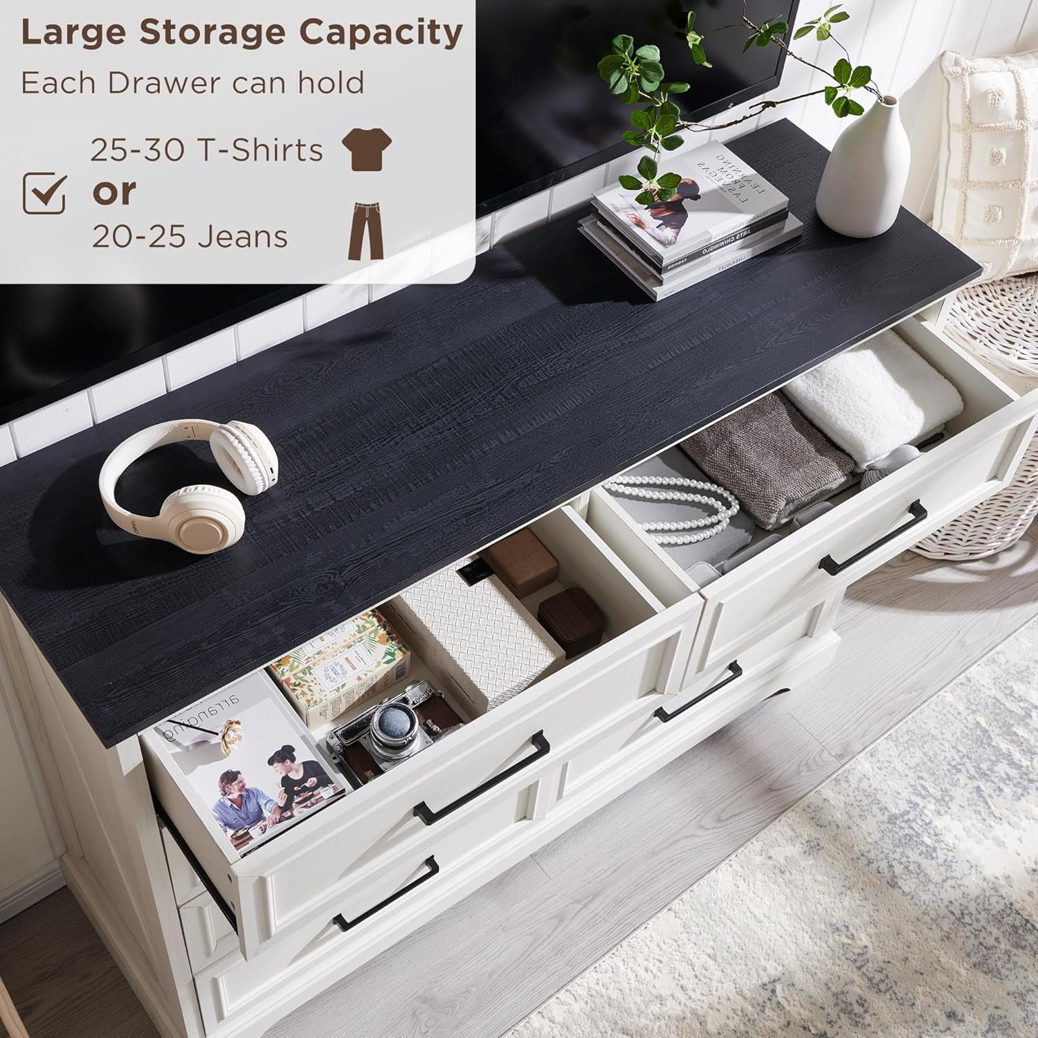 ACCOHOHO 8 Drawer Dressers Chests for Bedroom,52"Wide Rustic Wood Chest of Drawers，White