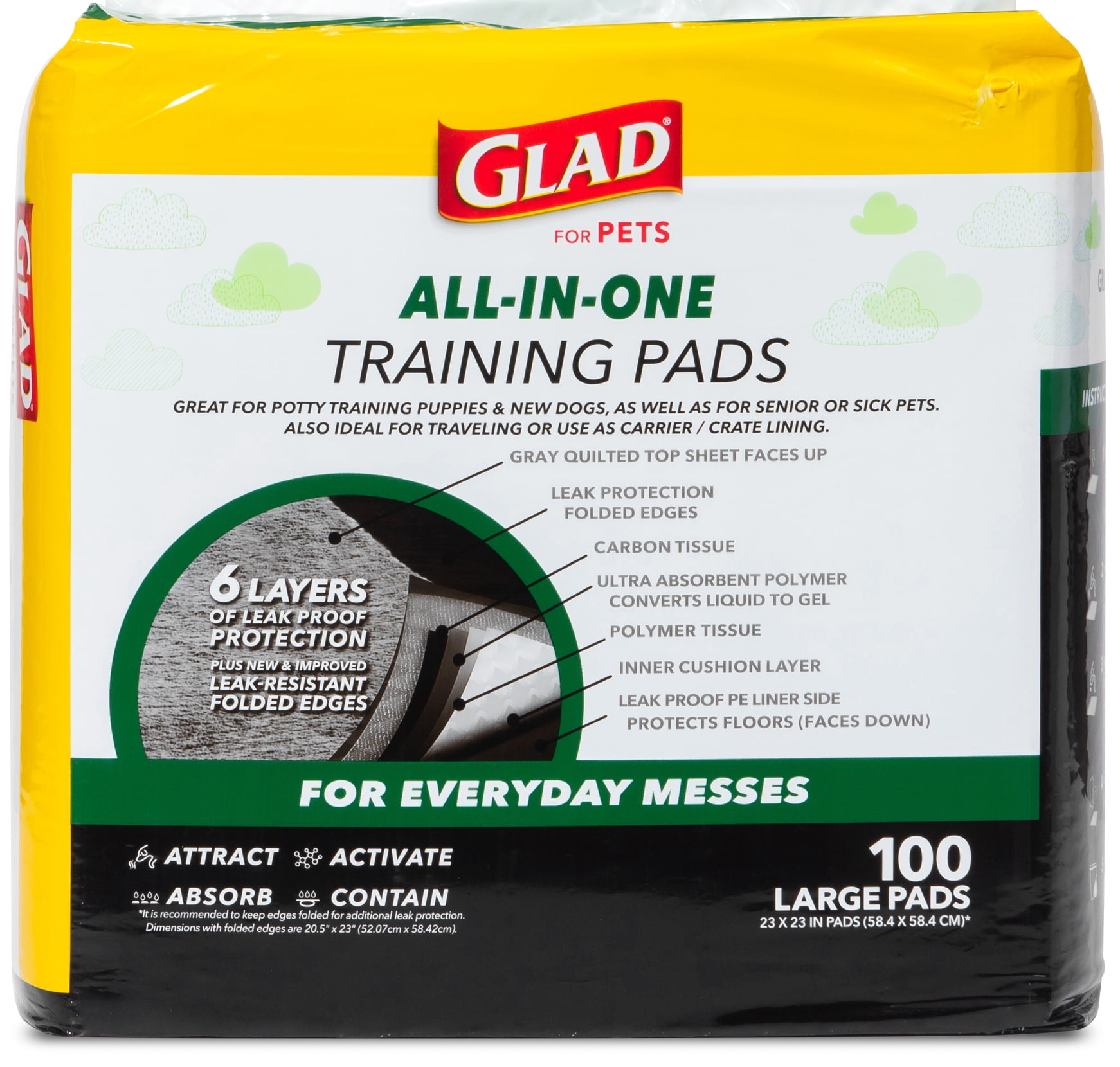 Glad Activated Charcoal Leak-Resistant Training Pads for Dogs, 23in x 23in, 100 Count