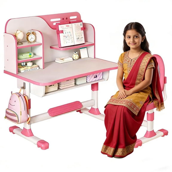 YNCE Kids Functional Desk and Chair Set, Height Adjustable Children School Study Table Chair Set with Astronaut Pattern, Ergonomic Desk Chair with Large Writing Board, Bookshelf and Drawer