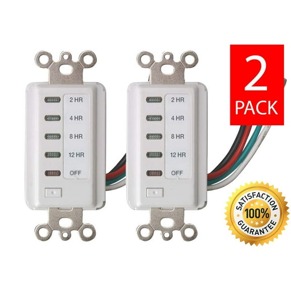 (2) Teklectric Bathroom Fan Auto Shut Off 2-4-8-12 Hour Preset Countdown Wall Switch Timer, White, Simple