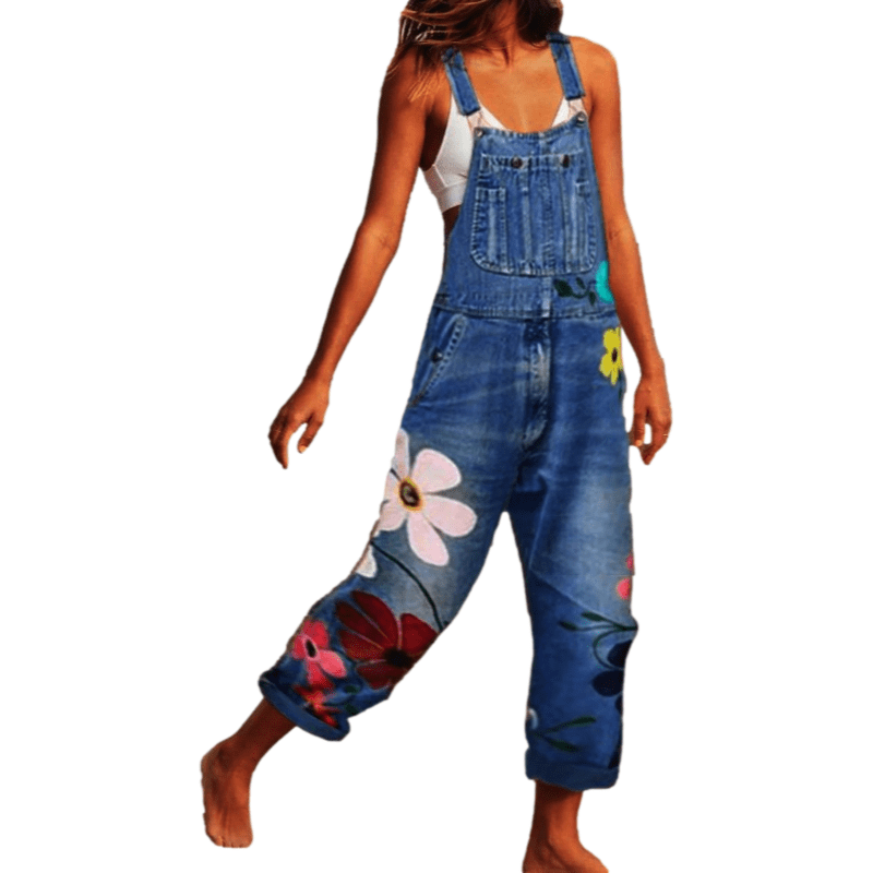 Flower Print Women Denim Jumpsuit 