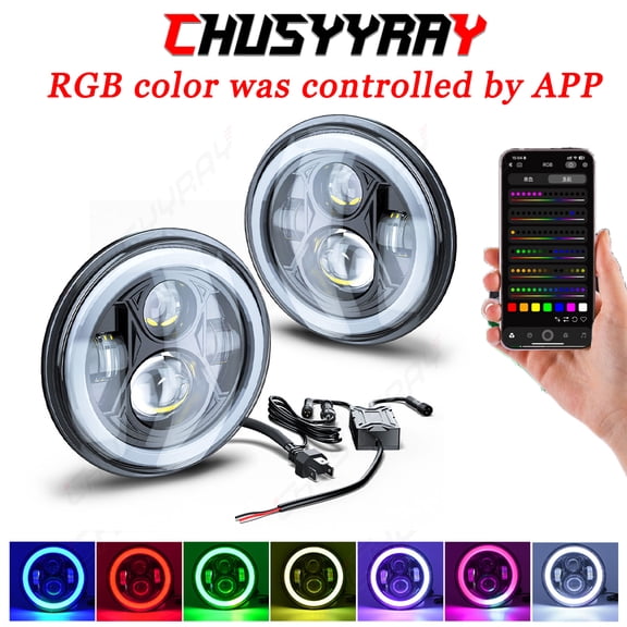 7" Round Multi-Color LED Headlights White DRL for Jeep Wrangler, 2 Pack