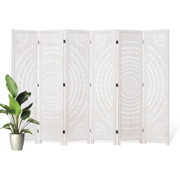 66.9Inch Folding Room Divider, 6 Panels Wood Carved Privacy Screens, Free Assembled Freestanding Partition for Home Office Restaurant Bedroom (White-Washed)