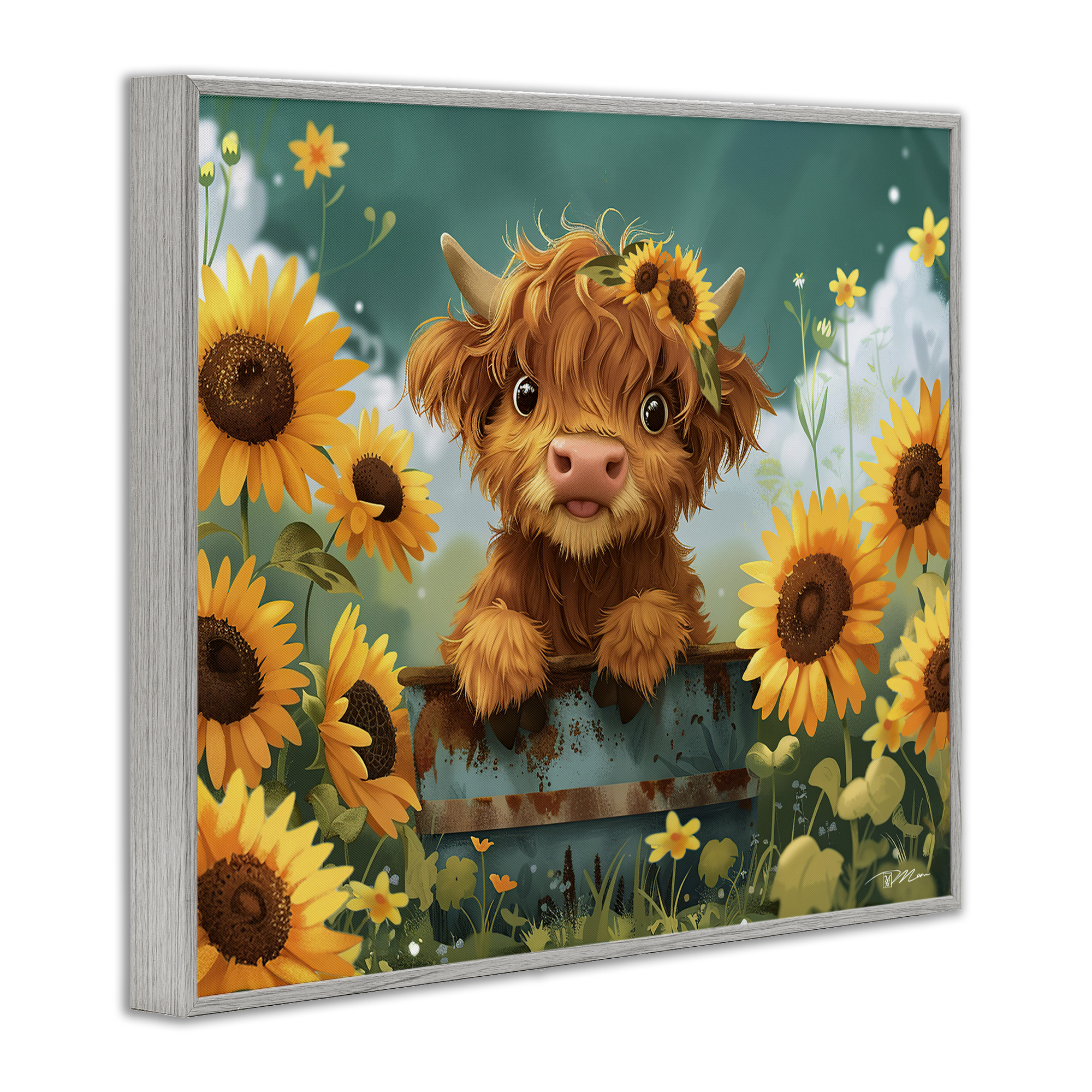 Cute Happy Highland Cow Gray Framed Giclee Art, design by Momart