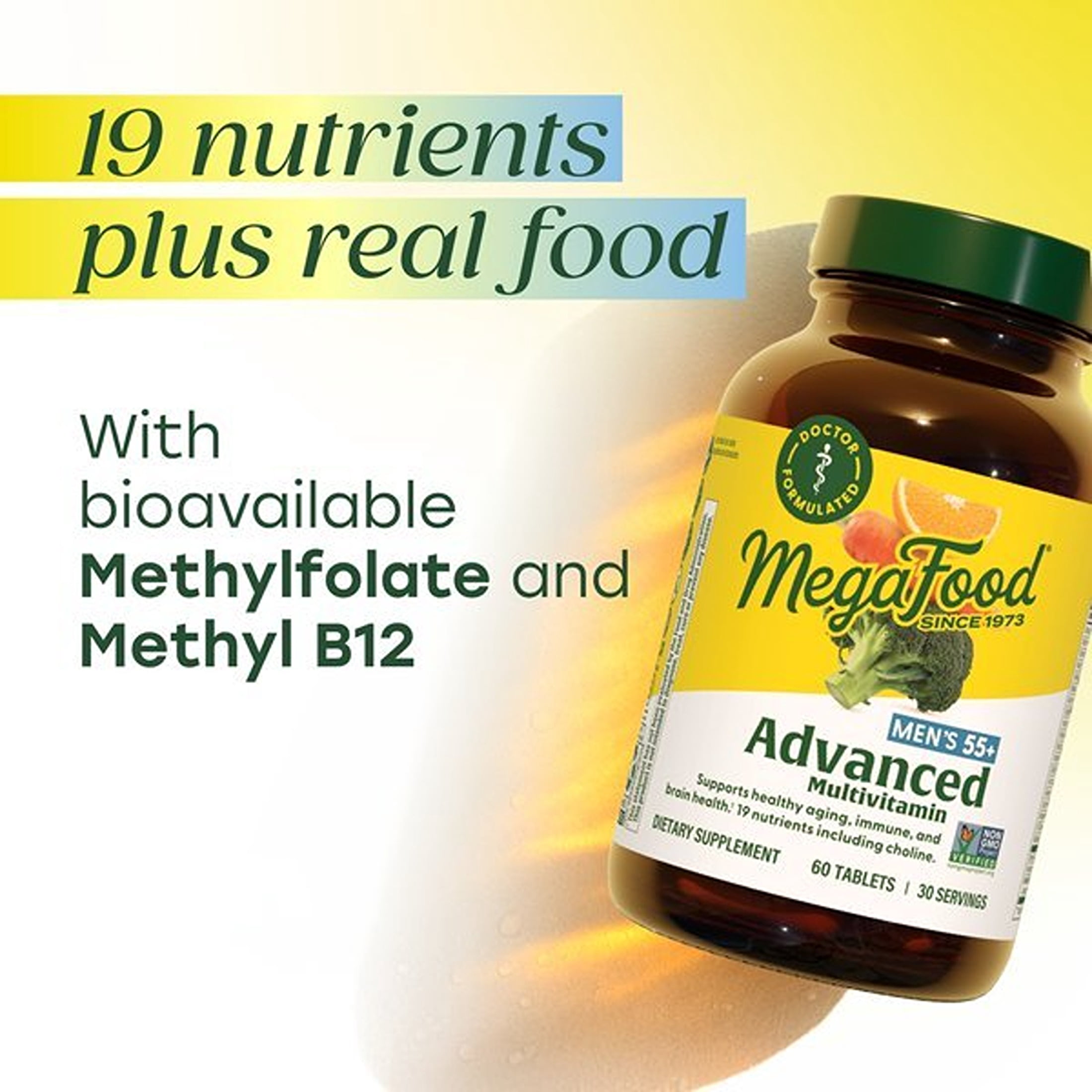MegaFood Men's 55+ Multivitamin - Choline, Vitamins D3 & B12 - Brain Health - 60 Servings