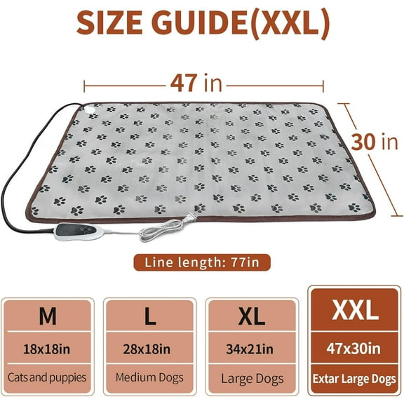 Extra Large Dog Heating Pad 47x30 in with Smart Thermostat Switch and Power Line Protection Tube,Obtained MET and  Dual Certification,Waterproof Pet Heating pad-Paw Print