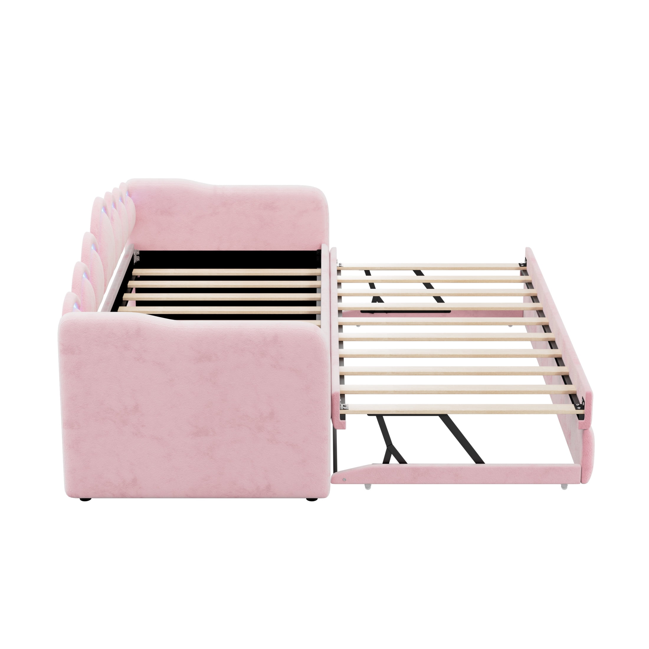 Noble House Twin XL Upholstered Velvet Daybed with LED Light and Pop-Up Height Trundle, Space Saving Design, Pink