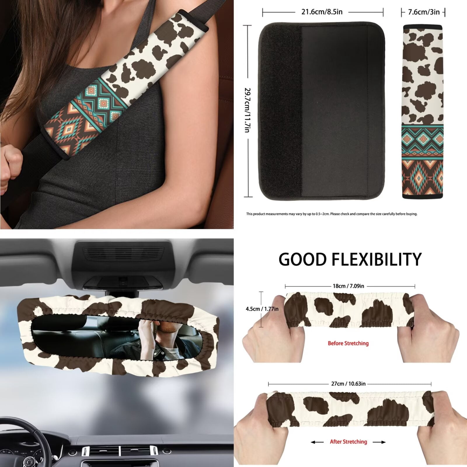 KUIFORTI Cow Print Auto Seat Covers for Women Native American Tribal Car Seat Protector Interior Set with Steering Wheel Cover +Coasters+Keychain+Interior Mirror Cover+Chapstick Holder+Car Trash Bag