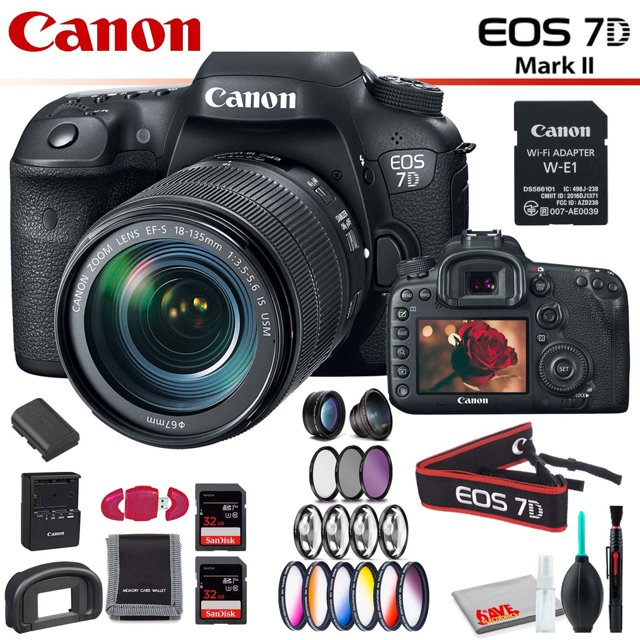 Canon EOS 7D Mark II DSLR Camera (Intl Model) with 18-135mm Lens & W-E1 Wi-Fi Adapter With Memory Card Kit, Filter Kit and Cleaning Kit