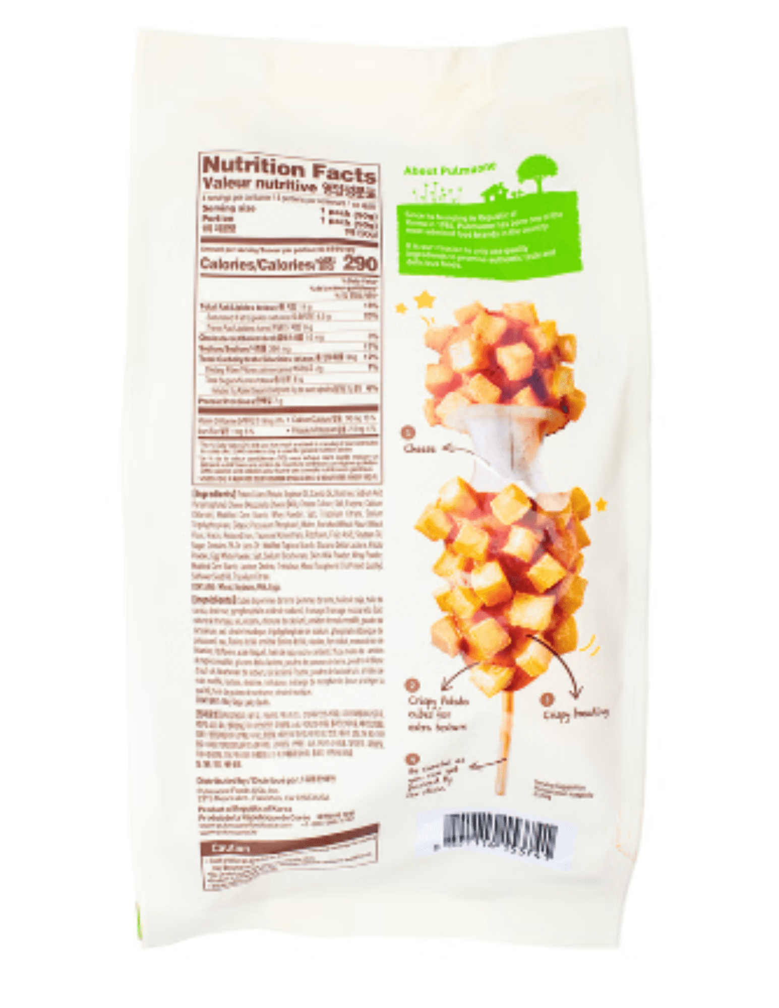 Pulmuone Potato and Mozzarella Corn Dogs Sticks, 12.7oz, Frozen Individually Packaged in a Plastic Wrapper, Contains Wheat, Soybeans, Milk and Eggs.