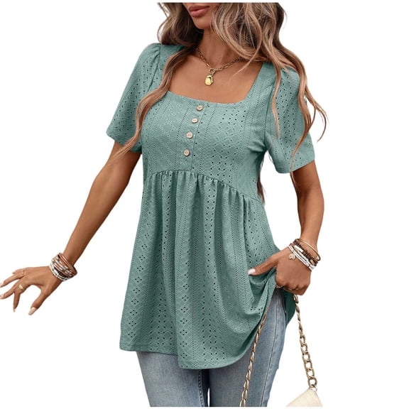 Guluxicc Babydoll Shirts for Women Short Sleeve Blouse Embroidered Button Down Peplum Tunic Tops Square Neck T Shirts Womens Summer Tops