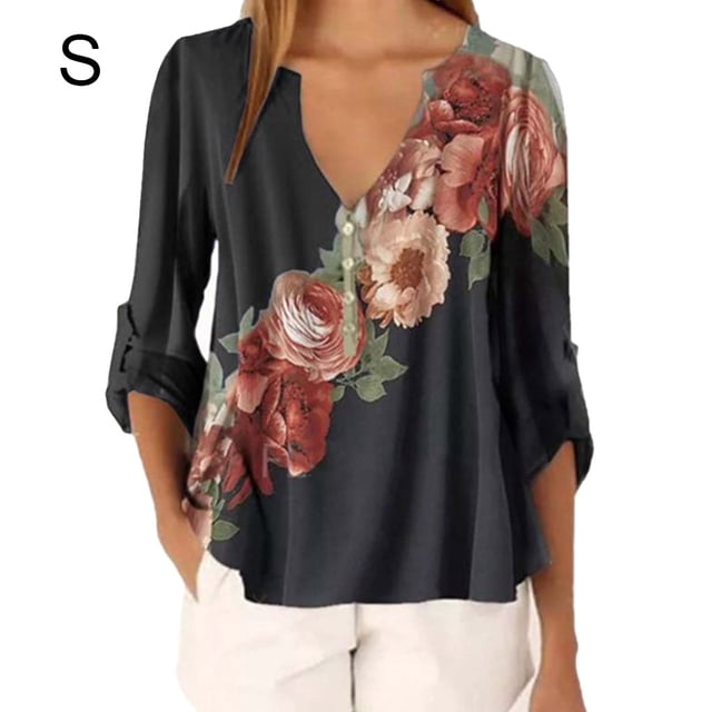 Blusa Camisa con cuello en V y estampado floral Blusa suelta de manga larga Top de mujer, Negro, S sidaley AP002021-01
