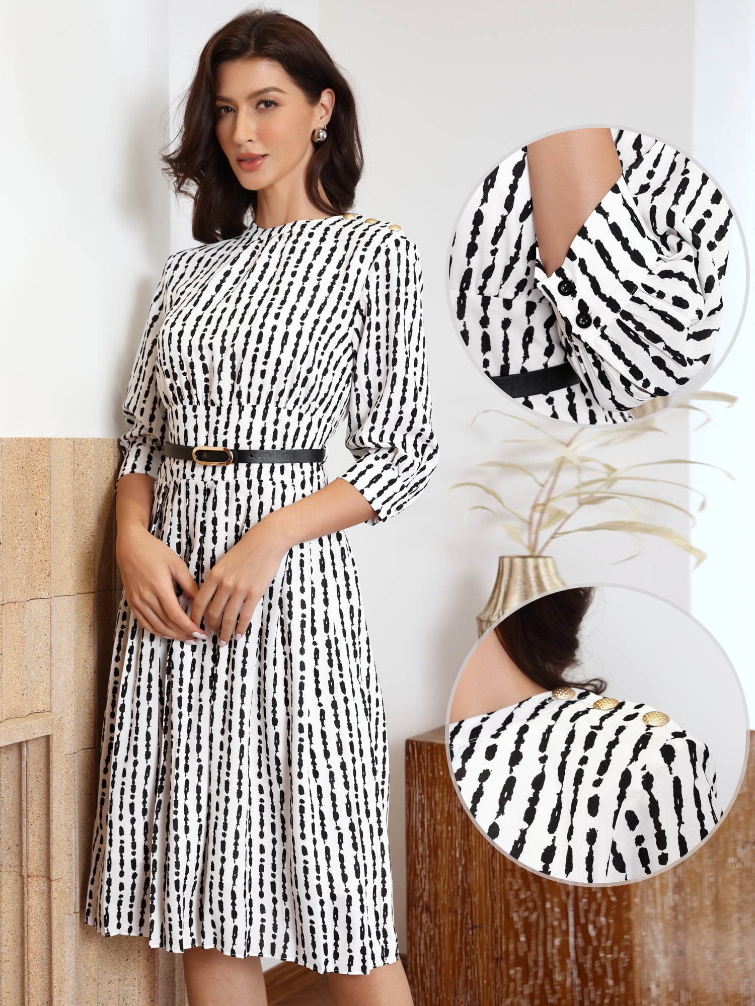 DARING DIVA Women's Pleated Puff Half Sleeve Crew Neck A-Line Office Dresses S White