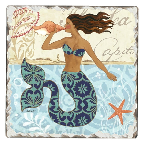 Absorbent Stone Tumbled Tile Coasters, Mermaid Call, Set of 4