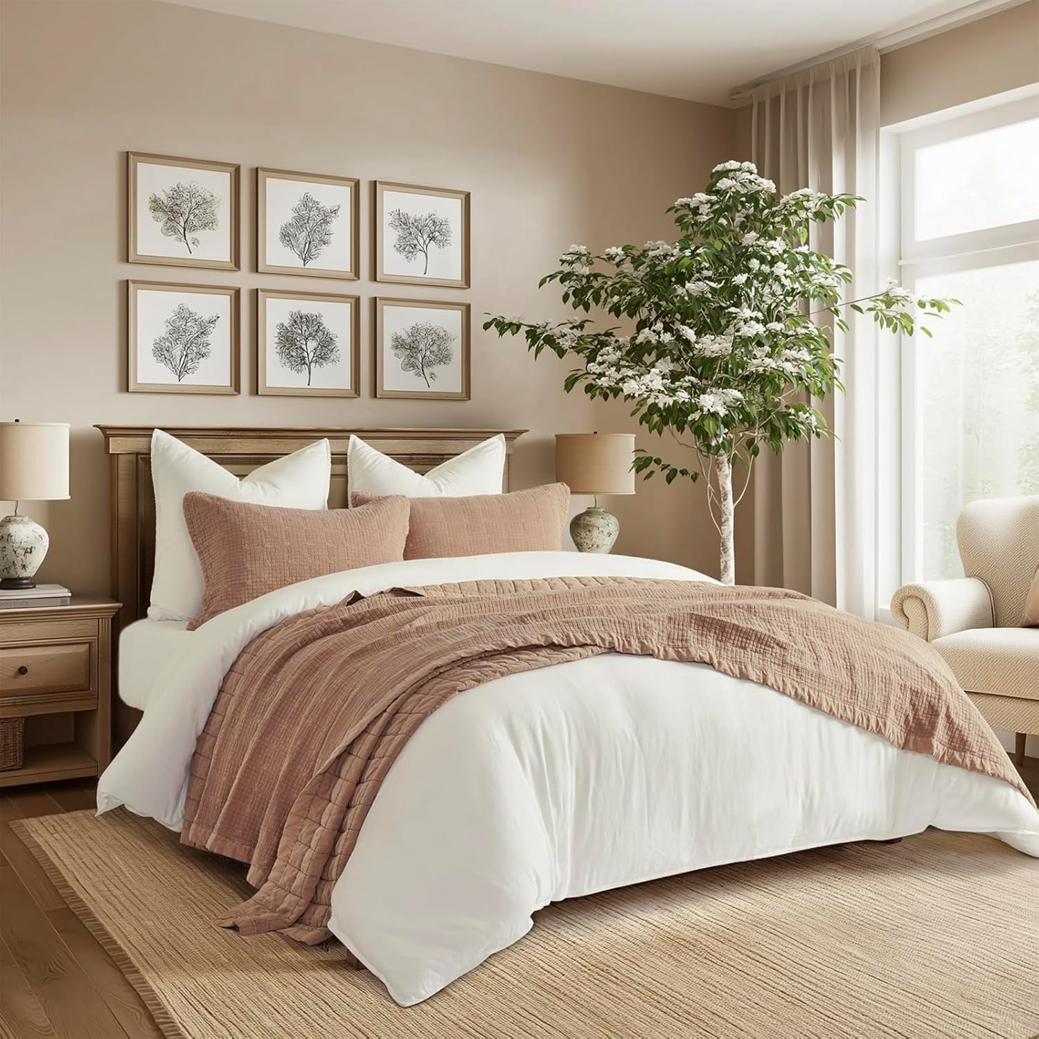 EVERGRACE Stonewashed Cotton Quilt Set King Size, Ultra Soft Oversized Bedspread Coverlet Set, Lightweight Crinkle Box Stitch Bedding Sets for All Season, with 2 Shams, Blushed Terracotta