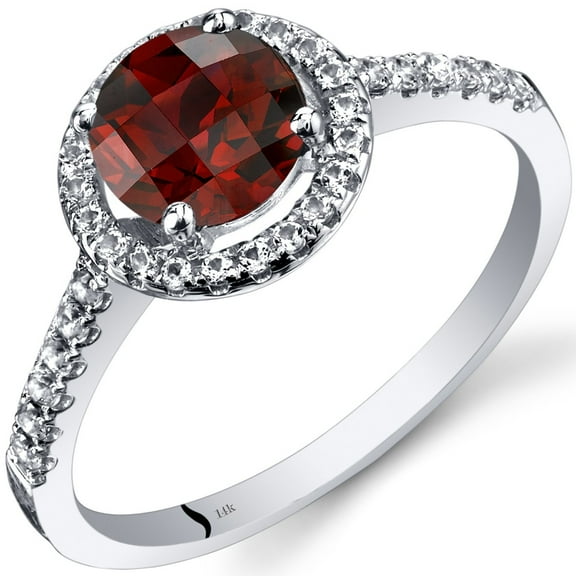 PEORA Garnet Ring for Women 14K White Gold with White Topaz, Genuine Gemstone, 1.25 Carats Round Shape 6.5mm, Halo Design, Size 9
