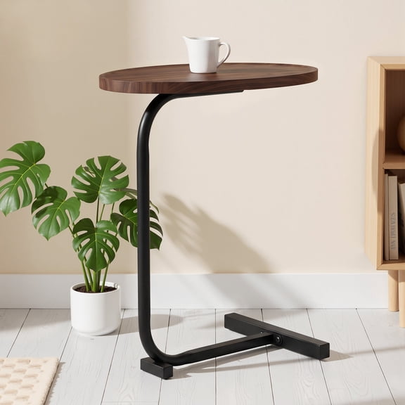 VECELO C‑Shaped Oval Side Table, Slide‑Under Couch End Table, Industrial Wood Look Snack Coffee Table for Sofa Bed, Living Room & Bedroom, Brown, 1‑Pack