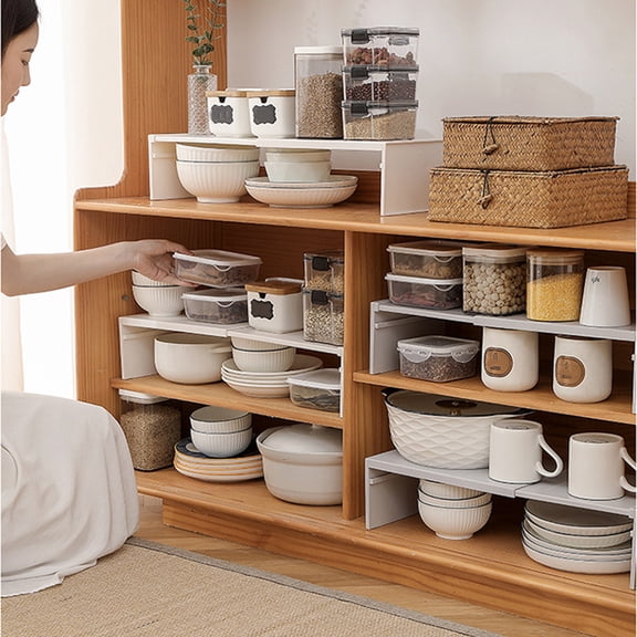 Extendable Kitchen Storage Rack, Bowl Dish Layered Organizer, Countertop Cabinet Partition Shelf, Seasoning Storage Rack, Mother's Day Kitchen Accessory for Home Organization, White