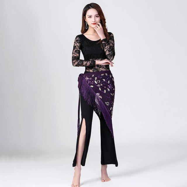 Faldas de lentejuelas para danza del vientre, falda de cadera con borlas y flecos, bufanda de cadera para fiesta, disfraz para mujeres y niñas, acceso Púrpura