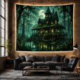 thumbnail image 5 of Towered House Above Swamp Water with a Moonlit Boat, Eerie Gothic for Dark Art Lovers, Wetland Home Decor, Halloween Gift, Tapestry Wall Hanging for Bedroom and Den, 5 of 6