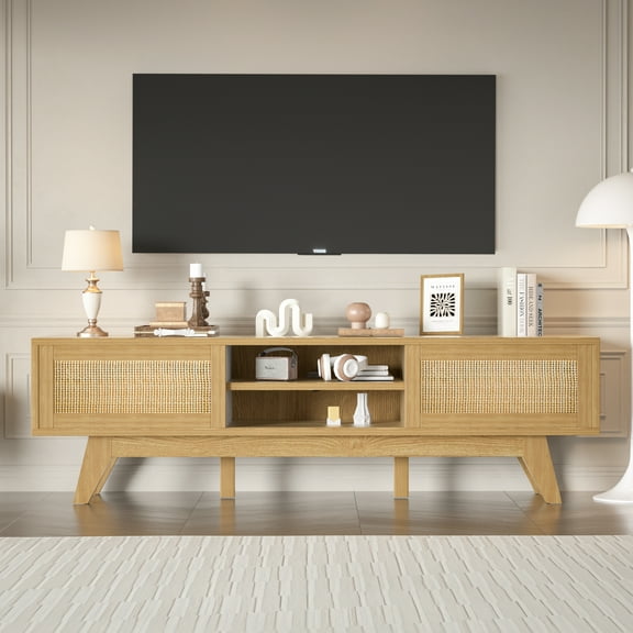 GETYES Rattan TV Stand for TVs up to 65 Inches with Sliding Doors, 59 Inches, Natural Finish