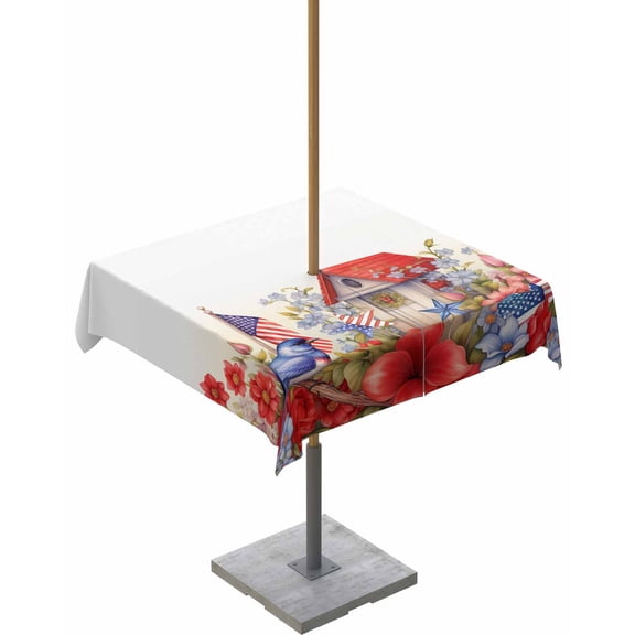 Fsddascl 4th of July Outdoor Tablecloth - 60x60 Inch Square Dining Table Cover, Independence Day Floral Birds Farmhouse Waterproof Outdoor Table Cloth with Umbrella Hole & Zipper for Picnic/Patio