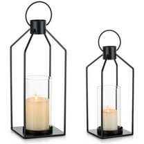 Glasseam Lantern Decorative Pillar Candle Holders Set of 2 Glass Hurricane Candle Holder for Halloween Front Porch Fireplace Outdoor Decor Black