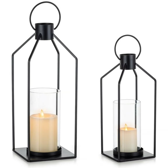 Glasseam Lantern Decorative Pillar Candle Holders Set of 2 Glass Hurricane Candle Holder for Halloween Front Porch Fireplace Outdoor Decor Black
