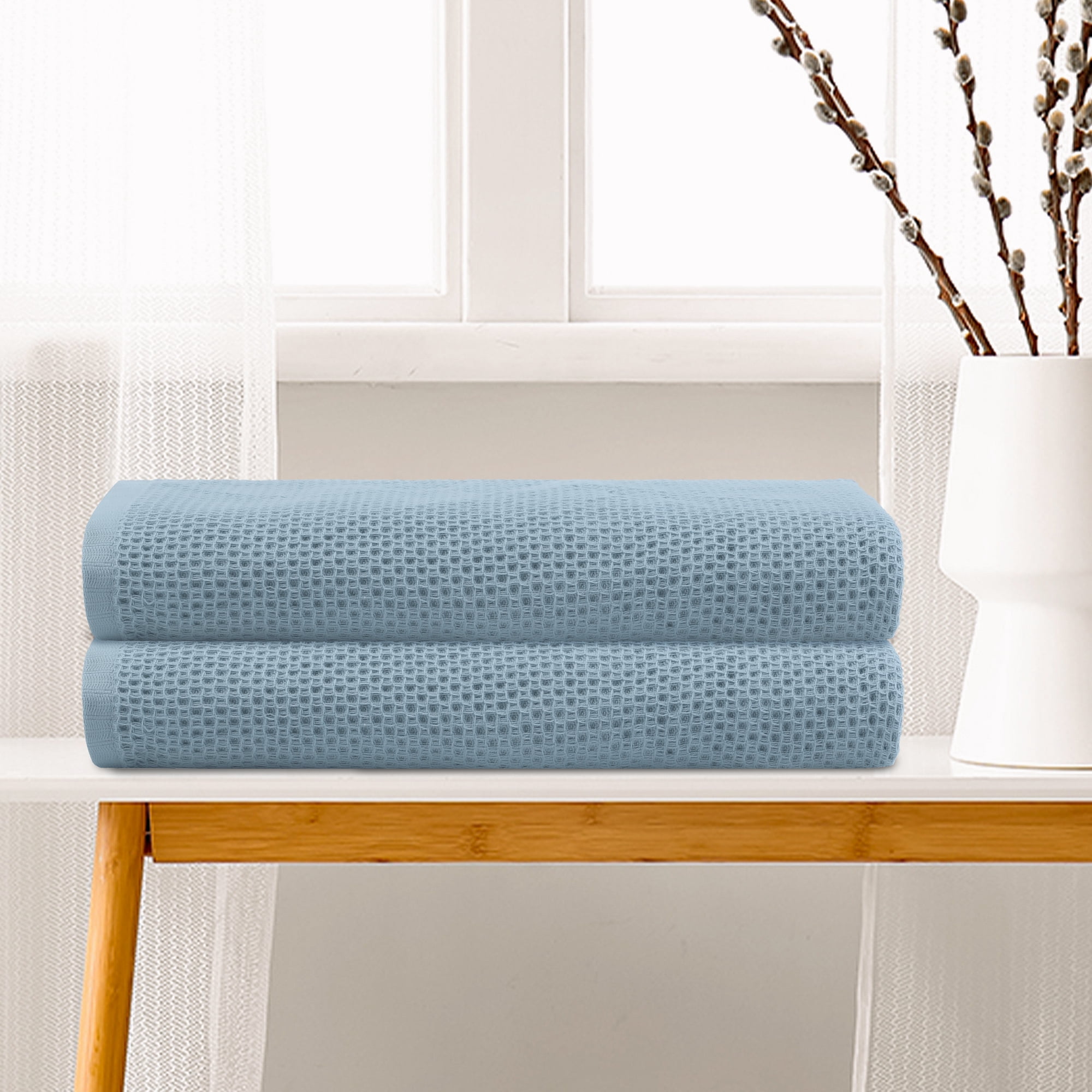 Unique Bargains Waffle 2 Pack Cotton Bath Towel Set Soft Highly Absorbent Towels Blue 28" x 56"