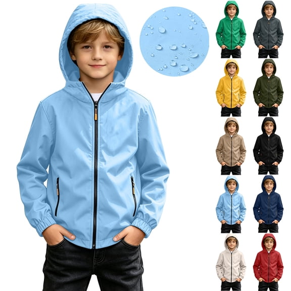 Spazoro Boys Hooded Jacket with Pockets, Wind Resistant Zip-up Lightweight Solid Color Casual Outerwear for Hiking Camping Blue Size 6-7
