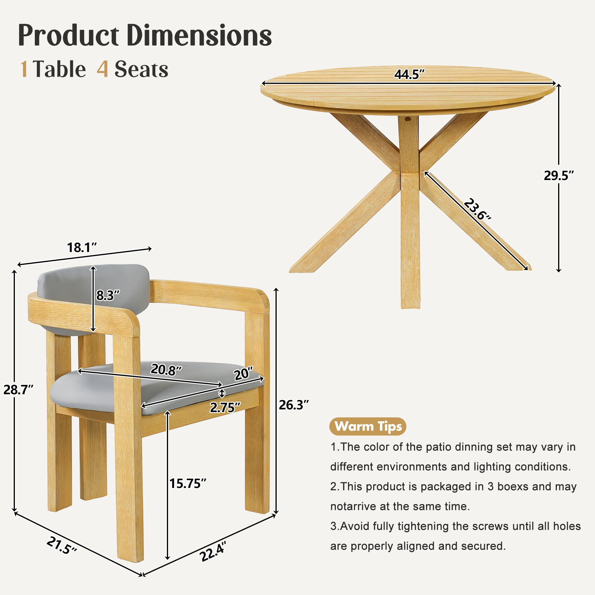 Modern 5-Piece Outdoor Acacia Wood Round Dining Set with 4 Barrel Chairs, Curved Backrest and Cushioned Seats for Patio Garden Backyard Deck, Gray