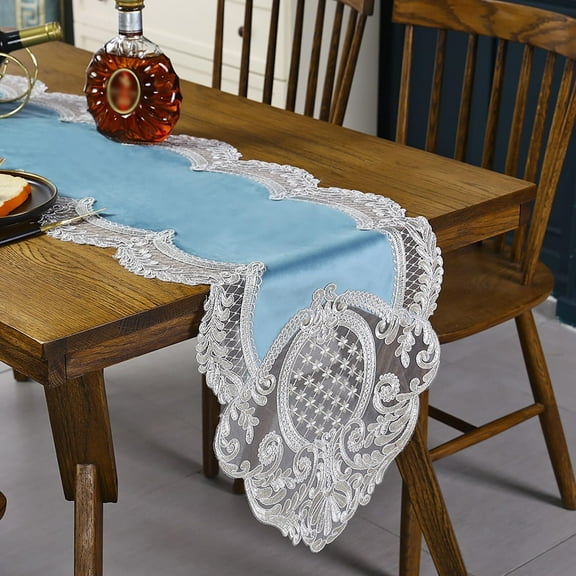Blue Lace Table Runner Dresser Scarf Macrame Embroidered Tablecloth with Exquisite Flower Vintage Shabby Chic for Wedding Holiday Dinning