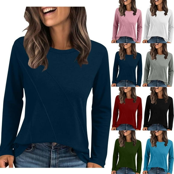 Nmnitkp Women's Tops Casual Solid Round Neck Loose Striped Long Sleeve Shirts for Women,Comfortable and Soft Women Blouses Navy,L