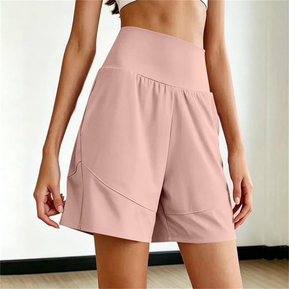 IUYRTFE Women High Waist Yoga Shorts with Pockets Stretch Elastic Waist Workout Bottoms for Gym Running