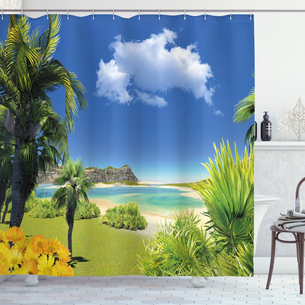 Tropical Shower Curtain, Paradise Beach with Palm Trees in Exotic