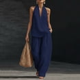 thumbnail image 2 of Evdexr Linen Sets for Women 2 Piece Sleeveless V Neck Tops Wide Leg Pants Outfit Set Boho Casual Vacation Beach Lounge Suits with Pockets Navy 2XL, 2 of 9