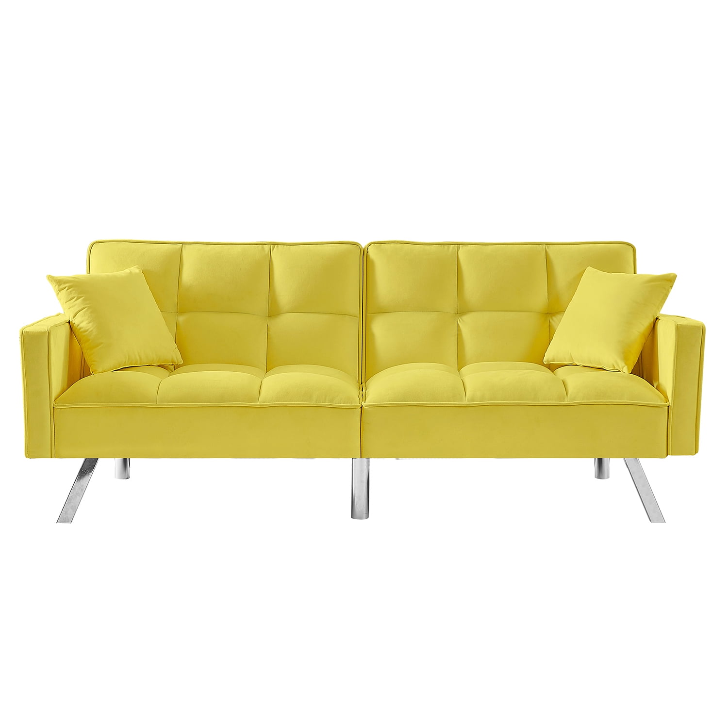 Kadyn Convertible Futon Sofa Bed, Velvet Couch Bed with Armrests and 2 Pillows, Modern Futon Sofa for Compact Living Space, Yellow Kadyn Convertible Futon Sofa Bed, Velvet Couch Bed with Armrests and 2 Pillows, Modern Futon Sofa for Compact Living Space, Yellow