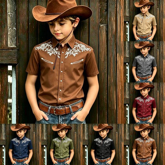 Bainana Boys Dress T-Shirts Kids Short Sleeve Lapel Collar Tops Child Breathable Western Style Graphic Shirts For Outdoor Play Size 4-5 Years Army Green