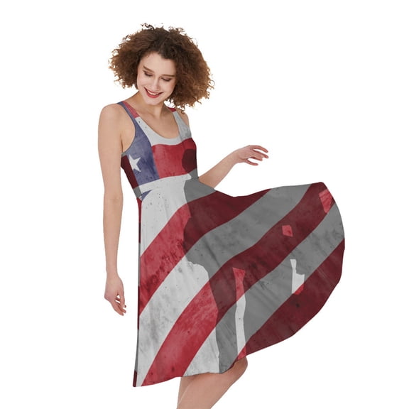 American Flag War Memorial Print Sleeveless Knee Length Dress, American Flag Fashion Summer Maxi Dress For Women. Gifts For Us Independence Day, 4Th Of July